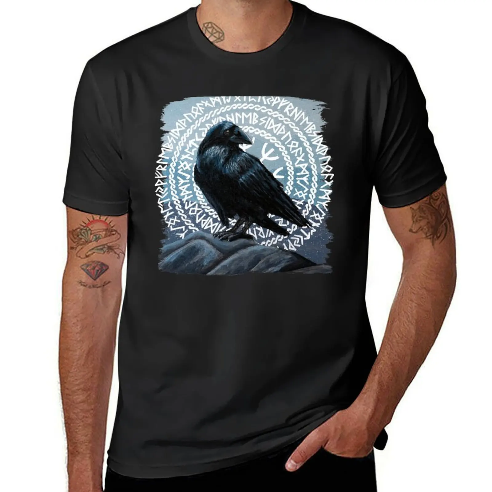 Raven in rune circle at twilight painting T-Shirt quick-drying for a boy t shirts for men cotton