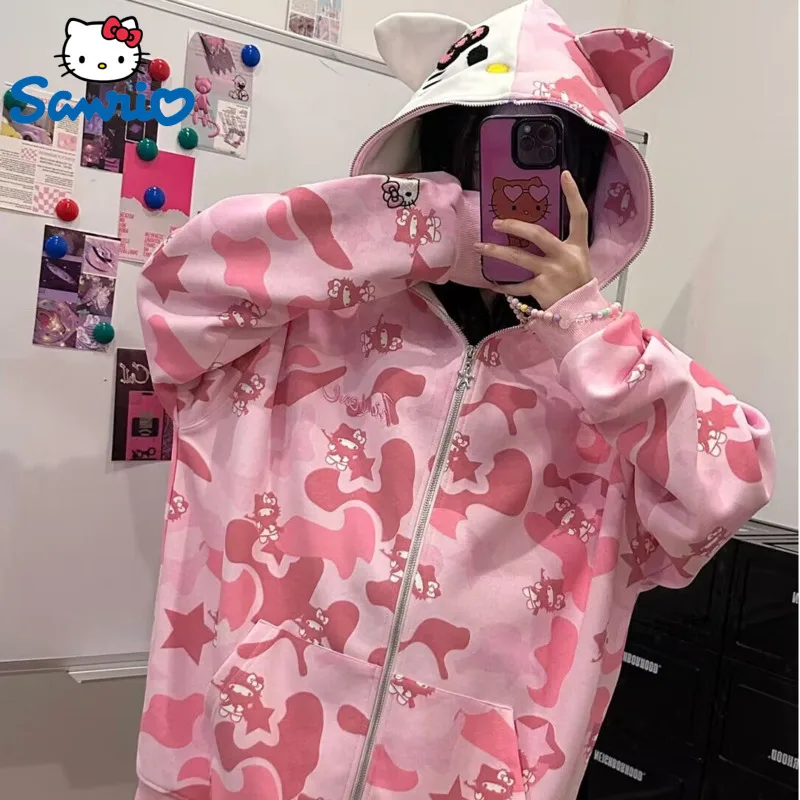 Sanrio Hello Kitty Camo Pink Cotton Hooded Embroidered Sweatshirt Women's Loose Zipper Coat Fashion Streetwear Hoodies Clothes