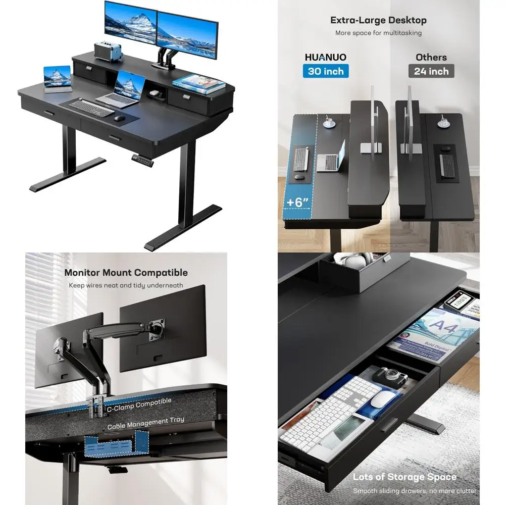 Ergonomic Electric Adjustable Height Desk with Wooden Drawers and Two-tier Storage for Home Office