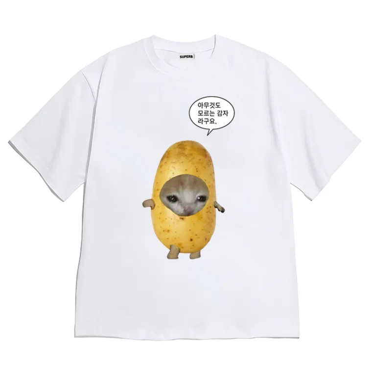 Funny Potato Cat Shirt Short-sleeved Korean I'm A Clueless Potato Meme Graphic Tee Novelty Cat Meme Print T-Shirt Casual Top