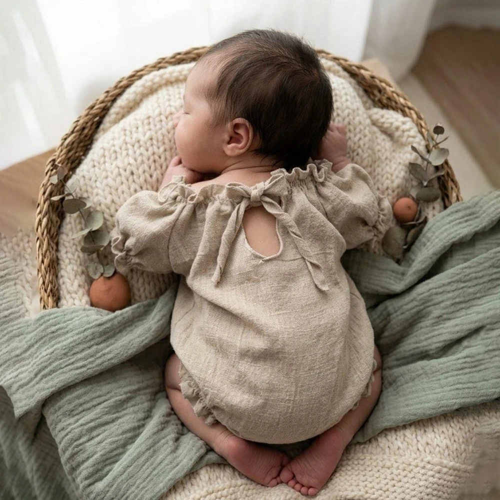 Vintage Beige Linen Cotton Off Shoulder Ruffle Romper Newborn Photography Props Baby Girl Photo Outfit