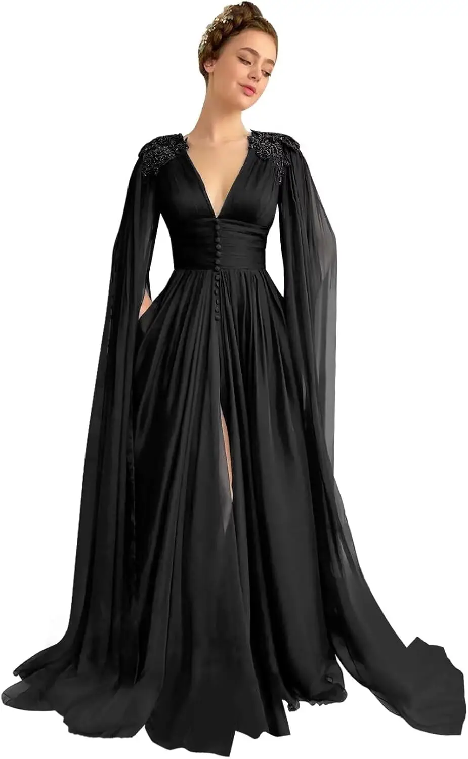

Tulle Wedding Dreses Long Sleeve Ball Gowns with Cape Lace Applique Slit Fomal Evening with Pockets Formal Dress Women Elegant