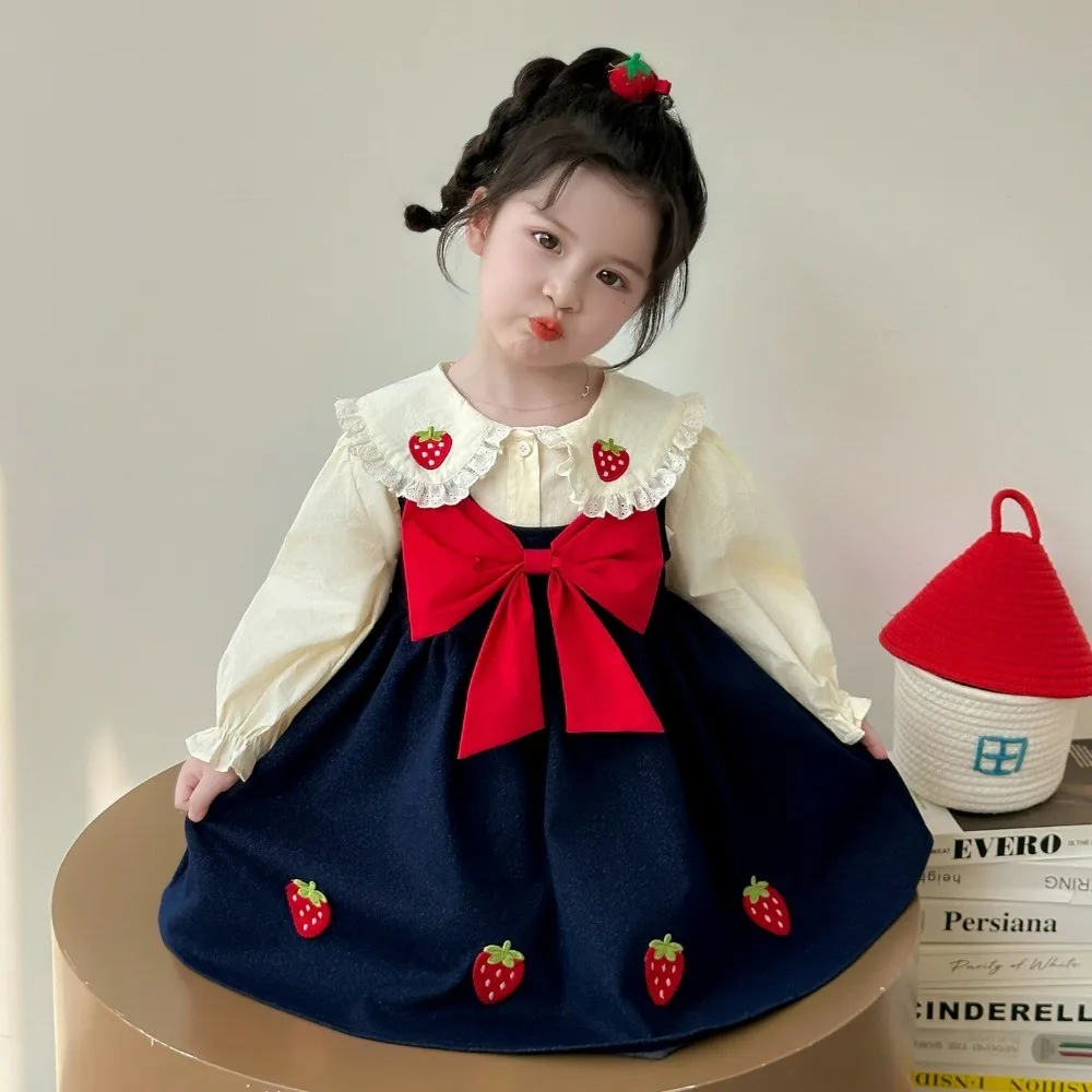 Autumn Cute Strawberry Print Lapel Long Sleeved Shirt+bow Dress Two-piece Set for Girls Aged 2-7 Korean Version