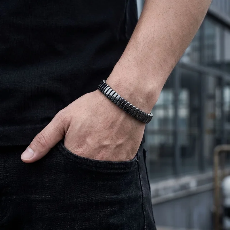 Flat round hematite stretch bracelet minimalist solid black stacked mens fashion wrist band