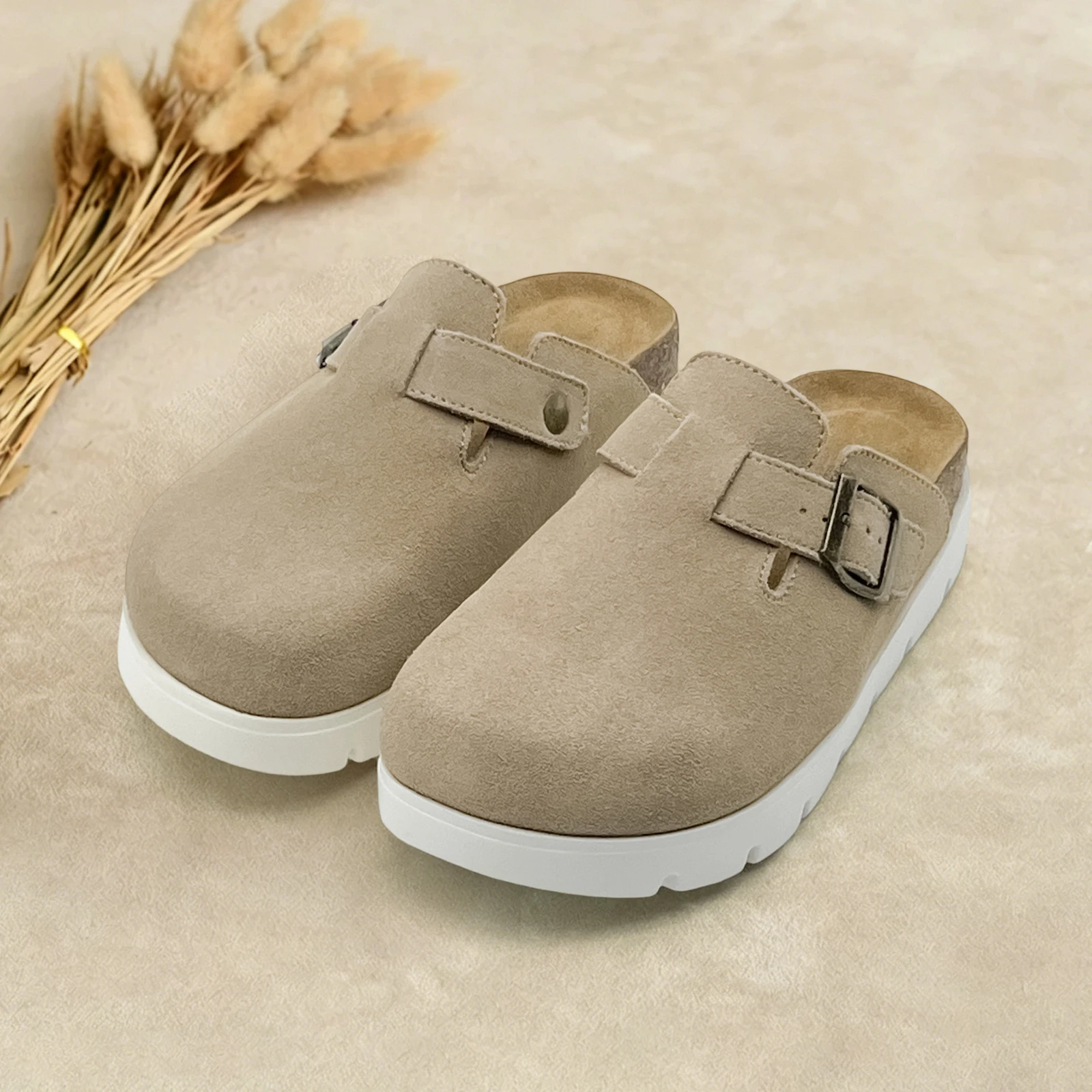 Kids Chunky Platform Genuine Suede Clogs, Arch Support Cork Footbed, Adjustable Buckle Slip-On, Non-Slip PU Sole for Boys Girls