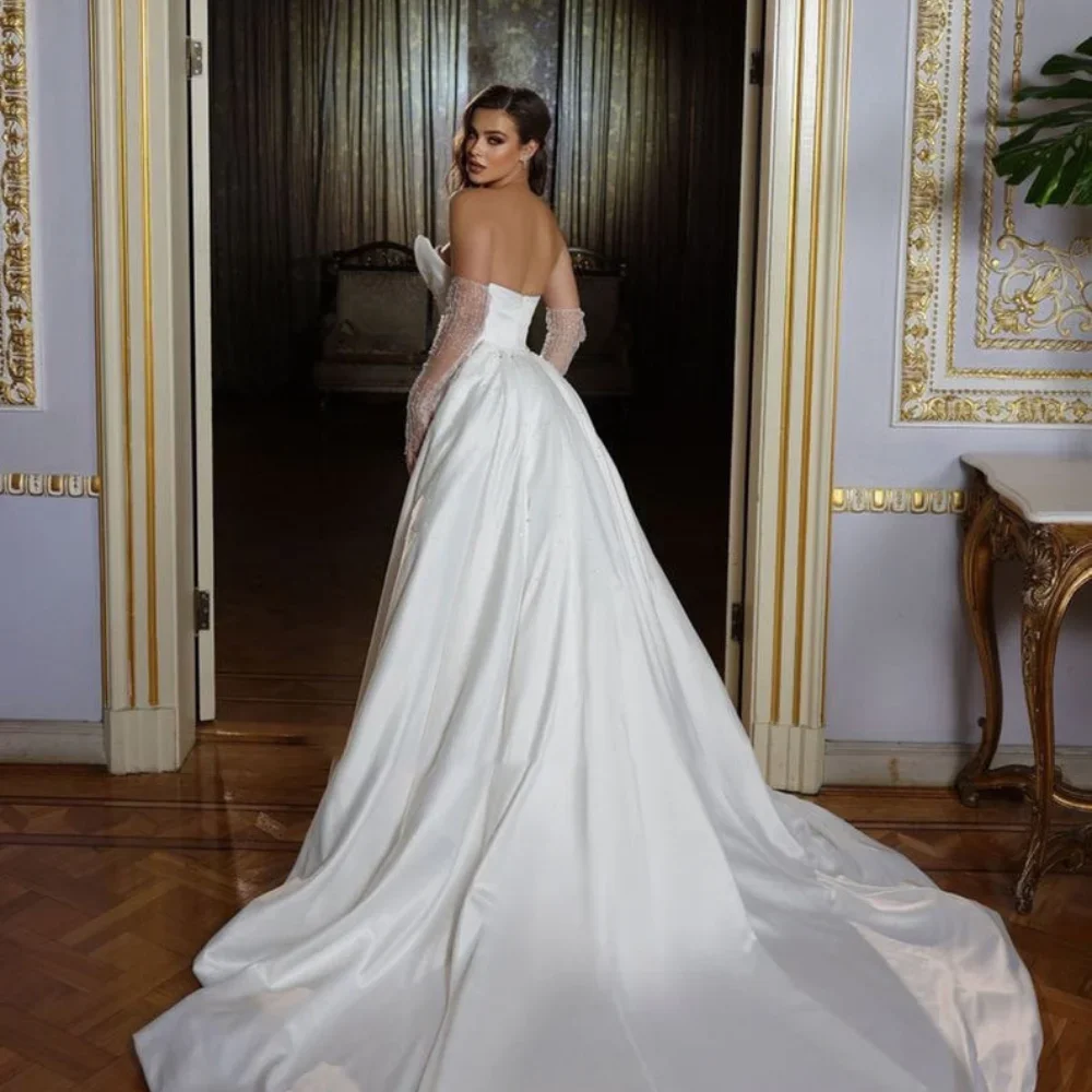 Exquisitos vestidos de novia con cuentas de lentejuelas de lujo sin tirantes sin mangas plisado tren de barrido vestidos de sirena vestidos de novia 2024