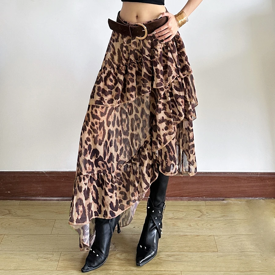 กระโปรงยาวลายเสือดาวทรงเอวสูง ดีไซน์จับจีบเป็นชั้นๆ สไตล์สาวฮอต แฟชั่นสตรีท ลุคเท่ๆ คลาสสิก