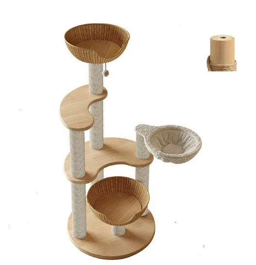 Luxury  Multilayer Cat Tree with Sisal Scratching Post Ratan Woven Wooden Cat House Climbing Structure for Cats