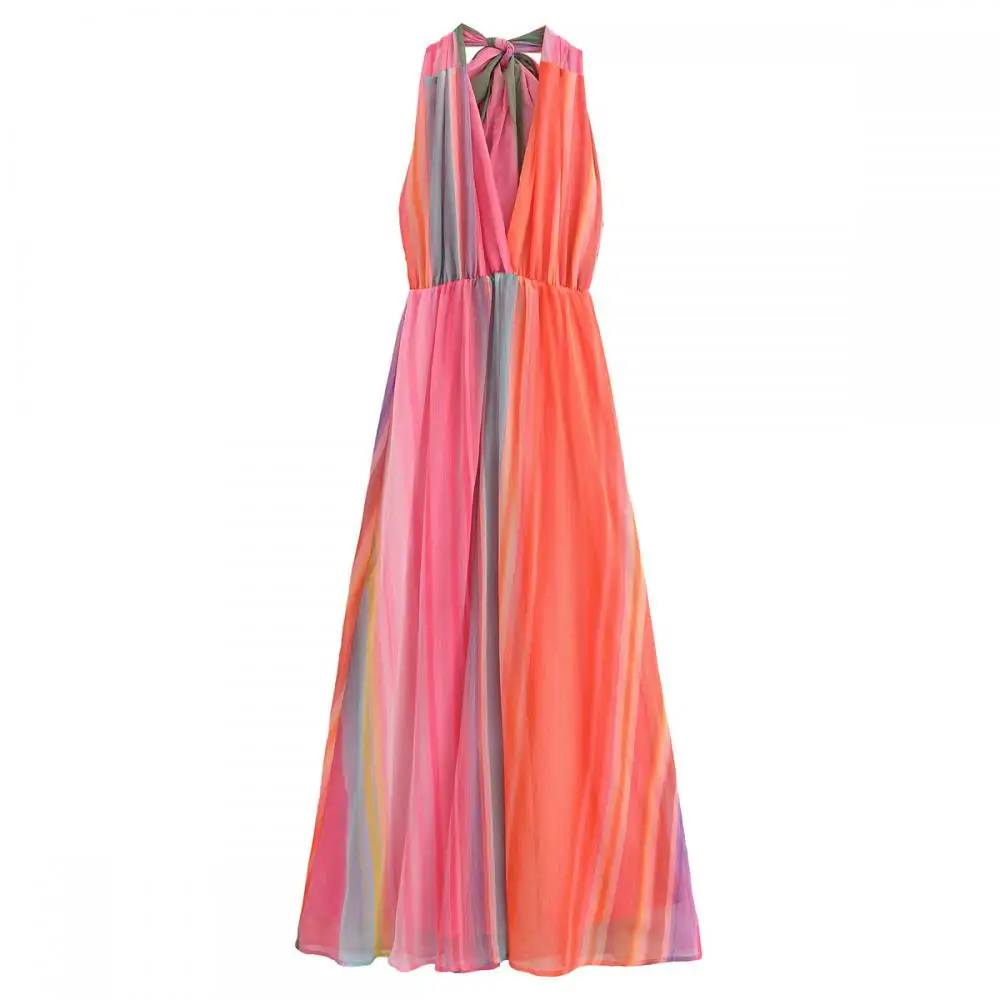 

Colorful Commuting Backless Halter Dress Summer Fashion Sleeveless V Neck Long Dress Elegant Lace Up Pleated Beach Sundress