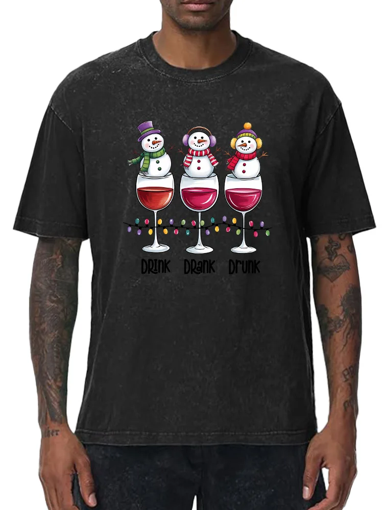 

Three Glasses of Snowman Wine 230g Heavy Cotton Washed Oversized T-Shirt for Men Christmas Graphic Tee Retro Casual Top