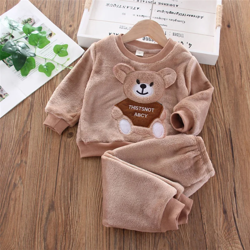 2023 Winter Baby Boys Clothes Sets Autumn Cotton Thick Warm Hooded Sweater Cute Bear Two-Piece Girls Fleece Suit 0-6 Years