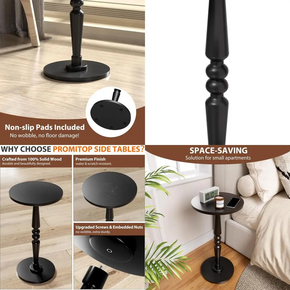 

Round Side Table for Small Spaces - Small Accent End Table Nightstand with Solid Wood Top and Pedestal Leg - Modern Drink Table