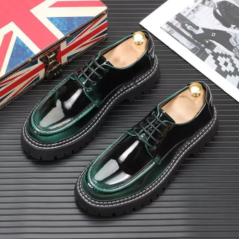 mens fashion party nightclub platform shoes black green lace-up patent leather derby shoe trendy sneakers gentleman footwear man