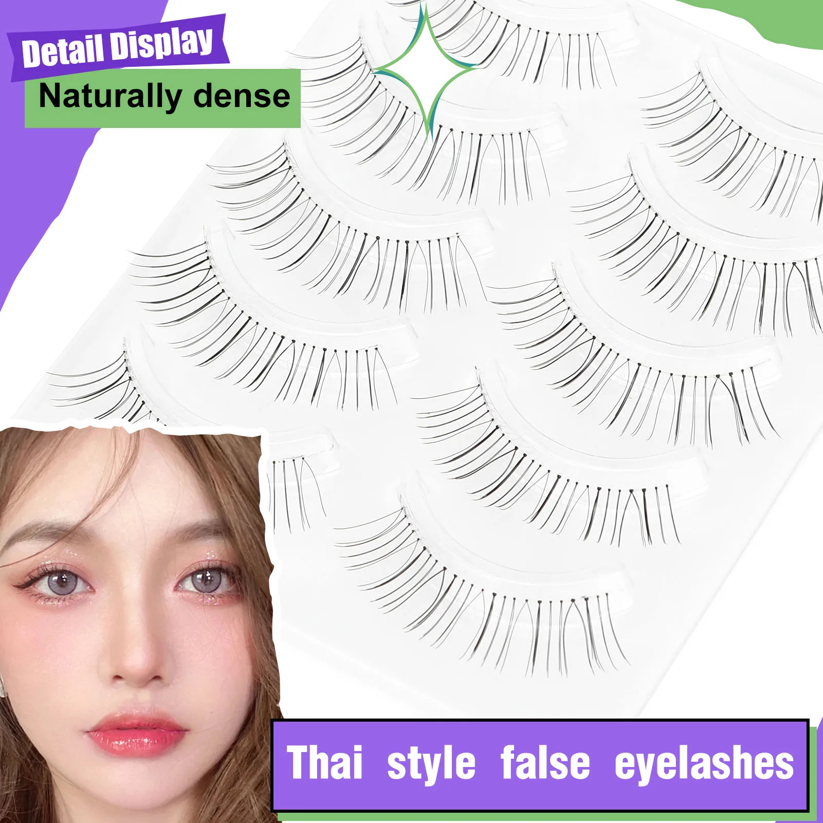 5 Pairs Natural Manga False Eyelashes Korean U-shaped Transparent Stem False Eyelashes for Women and Girls Makeup Supplies