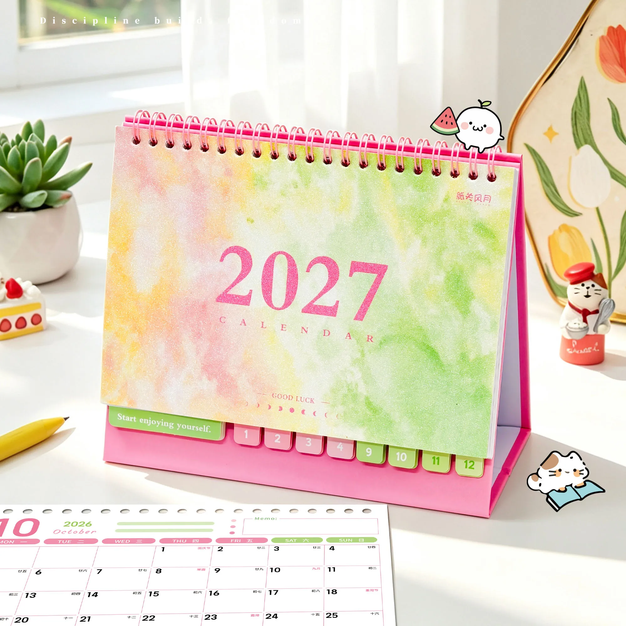 2027 New Model Desk Calendar, High-Quality Standing Monthly Calendar Desktop Decoration, Multifunctional Self-Discipline Check-In Planner, Simple Gradient Color Calendar