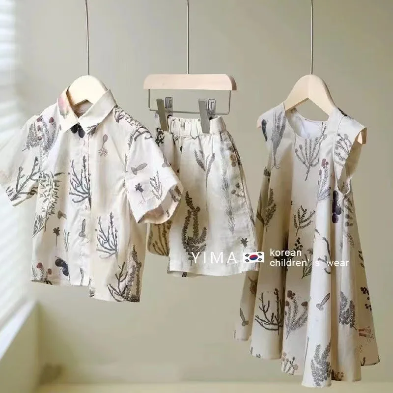 

Summer Brother Sister Look Set Muslin Tree Printed Infant Babys Girls T-shirts+shorts Outfit Loose Fly Sleeve Kids Girls Dress