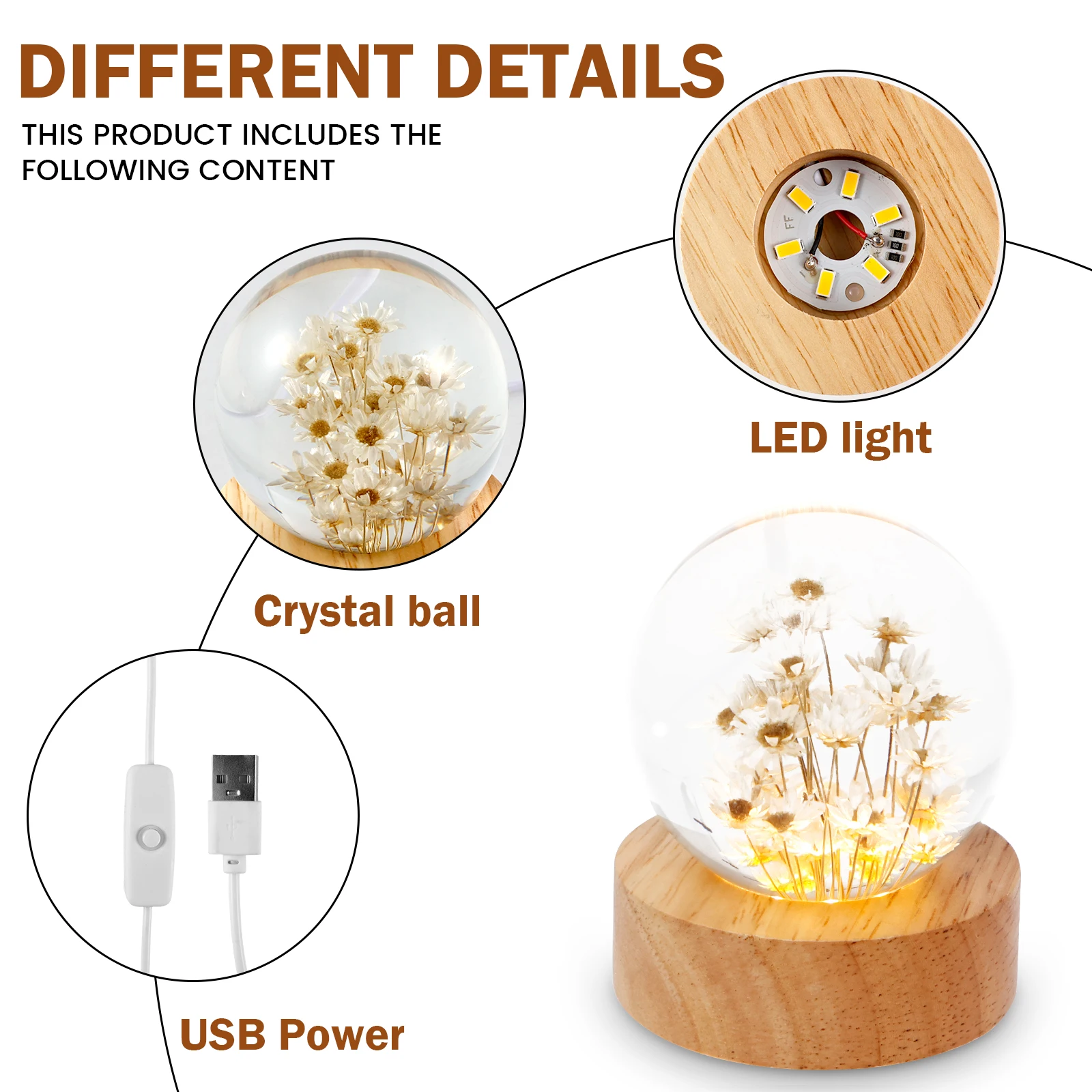 Dandelion Crystal Ball Night Light with Wooden Base USB Powered Dandelion Crystal Ball Night Lamp Fancy Crystal LED Night Light