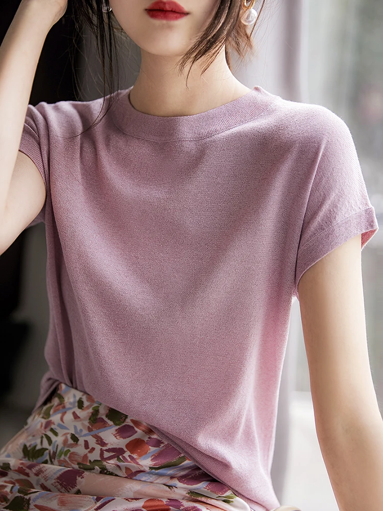 

Xhange Breathable Lightweight Knitted T-irt Airy Feel Casual Sle round Ne ort Sve Women's Faion Spring Season
