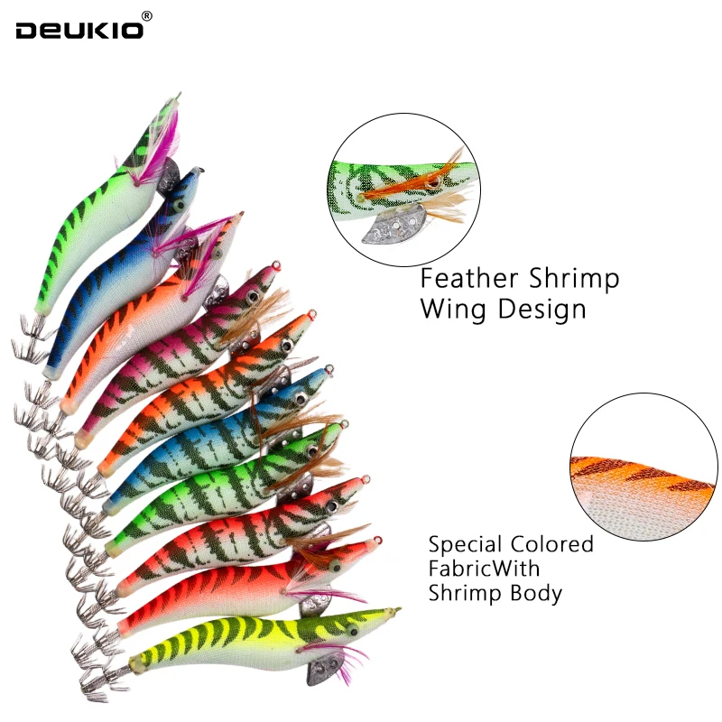 

DEUKIO 10 шт., 3D-печать, 3,5 крючка, светящаяся приманка для кальмара, рыболовная деревянная приманка для креветок, приманки для кальмара, каракатицы, мешок для креветок