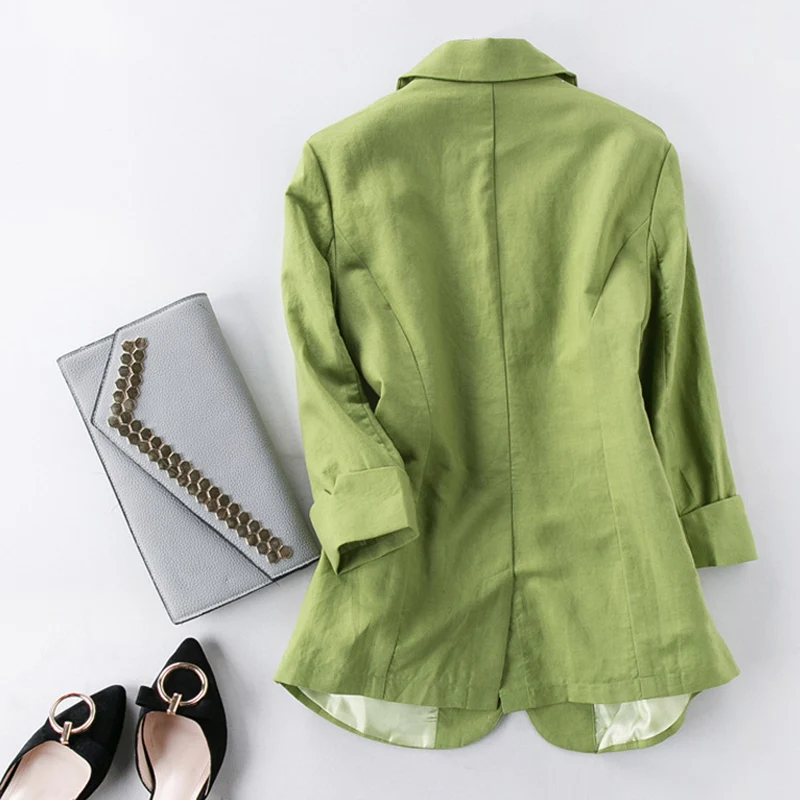 Cotton Linen Blazer Jacket Women Summer Outwear High Quality Solid Single Button Notched Blazer Suits Three Quarter Sleeve Top