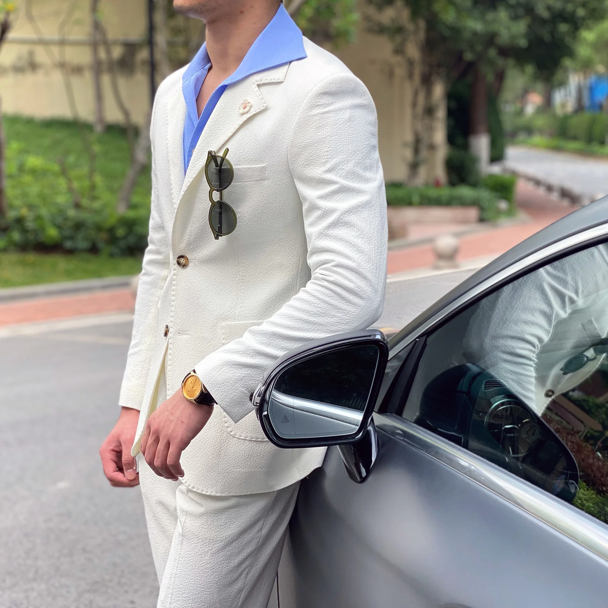 New Summer Seersucker Suit Men Italian Style British Slim Fit Casual White Suit Trendy Man Smoking Homme Mariage Men Tuxedo Suit