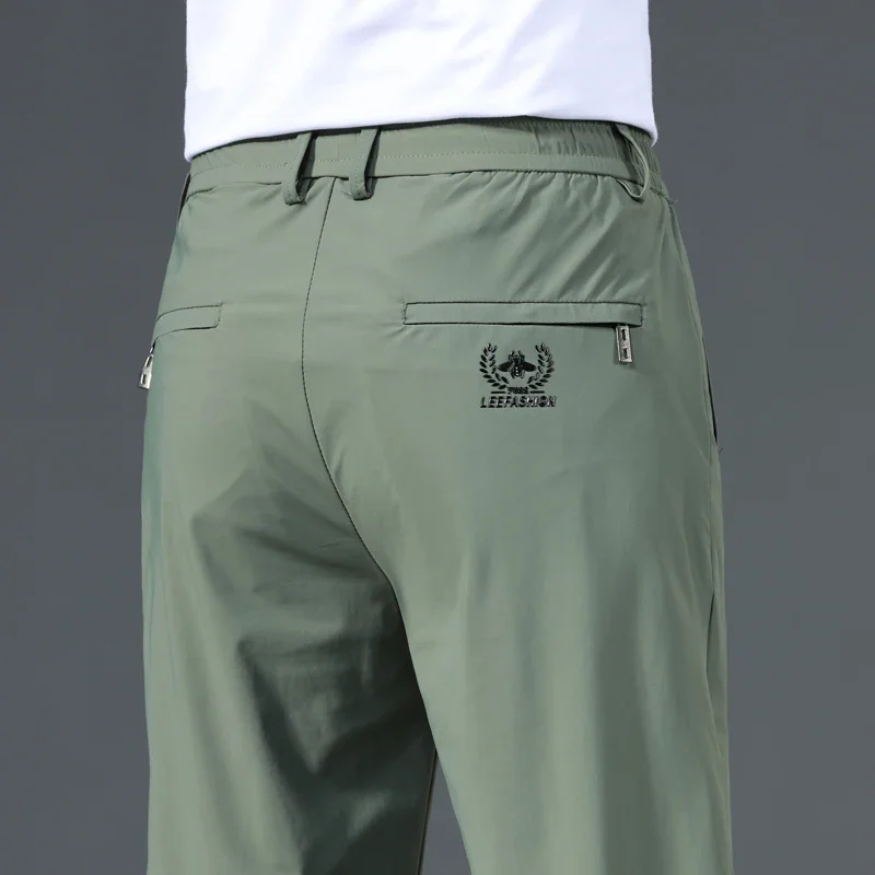 سراويل رجالية غير رسمية مستقيمة بقصة ضيقة وخصر مرن للركض كورية كلاسيكية صيفية رفيعة من الحرير الجليدي أسود ورمادي سراويل ماركة للرجال #5