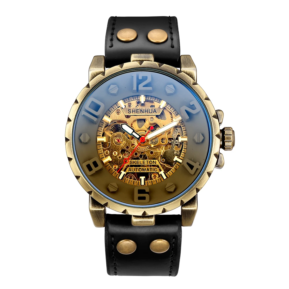 SHENHUA Retro Bronze Automatic Mechanical Watch Men Skeleton Watch Luminous Waterproof Clock Leather Strap Military Sport Watch