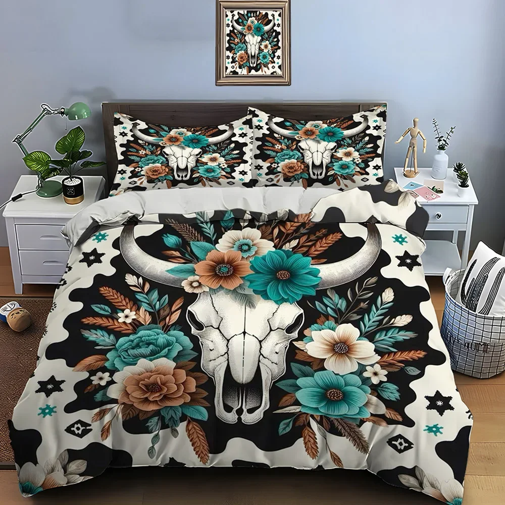Native American Cattle Skull art Print Bedding Set Duvet Cover 1 Duvet Cover 2 Pillowcases Adult and Kids Bedding Set Luxury