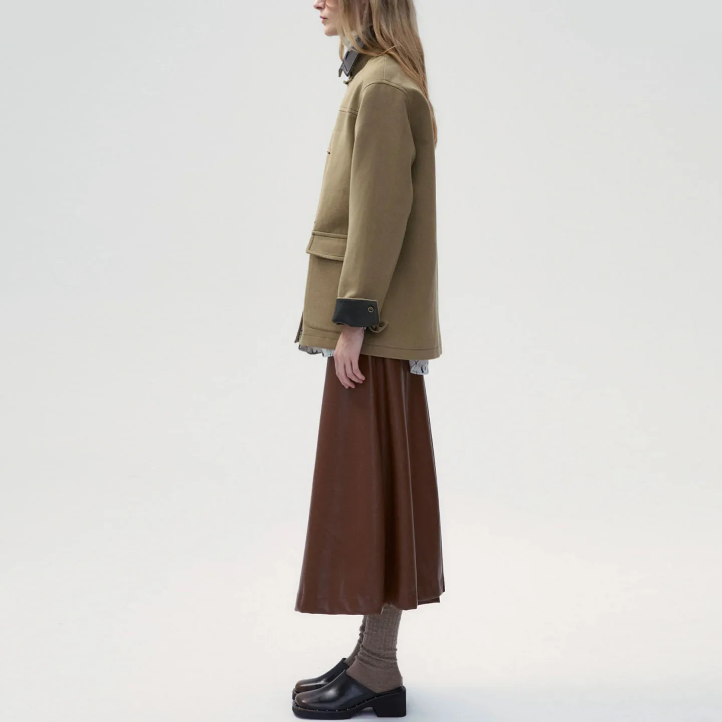 Faionable Retro Workwear Cotton Jaet with Leather Collar Ladies Coat Stand Fit Long Sve Button up Pure Color