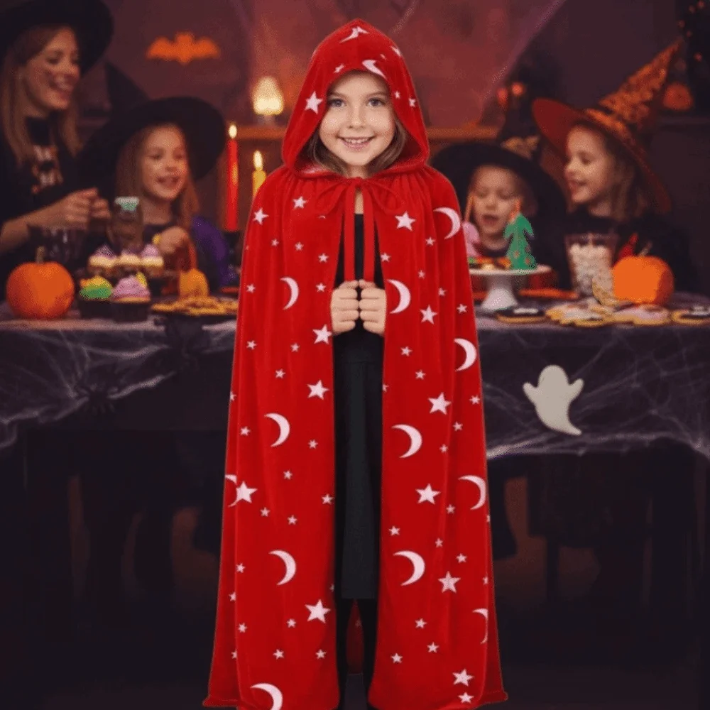 Tie Up Closure Velvet Hooded Cloak Foil Printed Flowy Drape Gothic Party Apparel Wrinkle Resistant with Hood Star Moon Cape