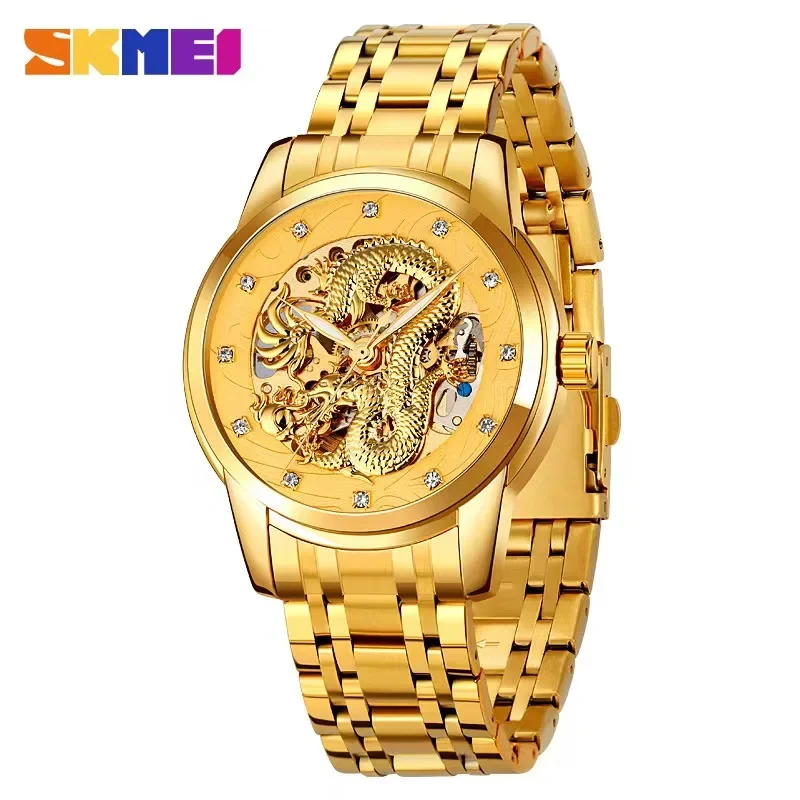 

SKMEI Automatic Watches Creative Chinese Dragon Pattern Dial Design Luxury Mens Mechanical Wristwatches Hour Clock reloj hombre