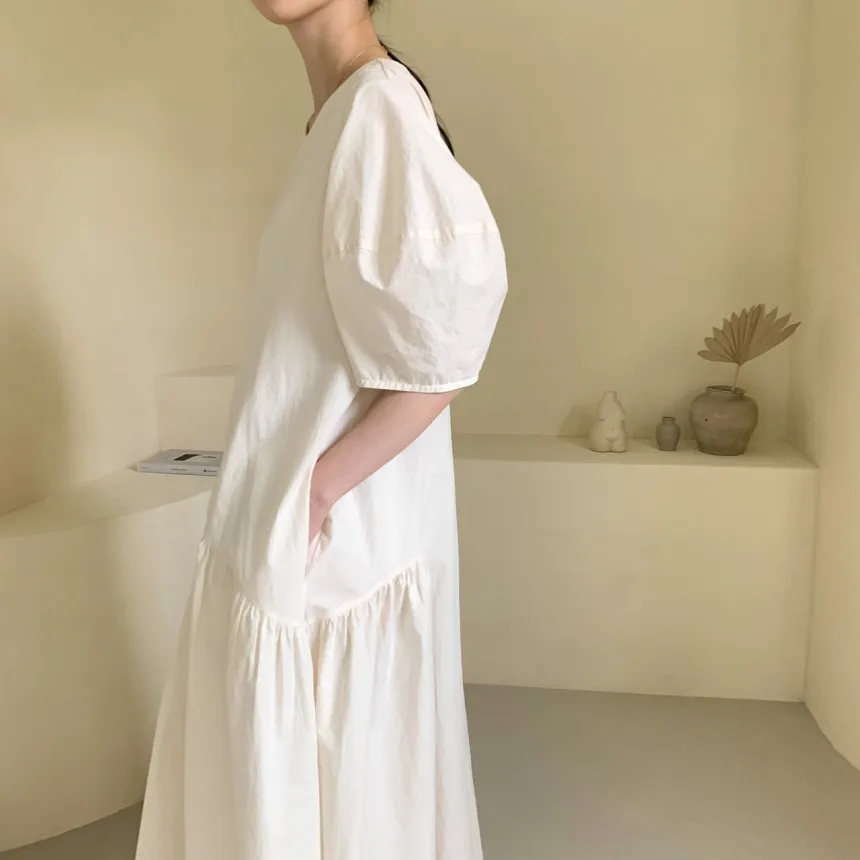 REALEFT estate 2024 nuovi abiti lunghi da donna irregolari a vita alta con maniche a sbuffo o-collo Casual abito dritto allentato femminile