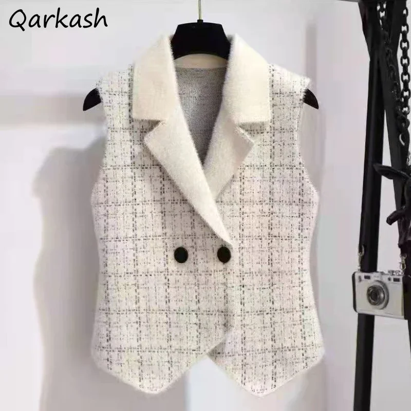 

Woolen Notched Vests Women Autumn Outerwear All-match Sleeveless Temper Office Lady Plaid Korean Style Sashes Prevalent Casual