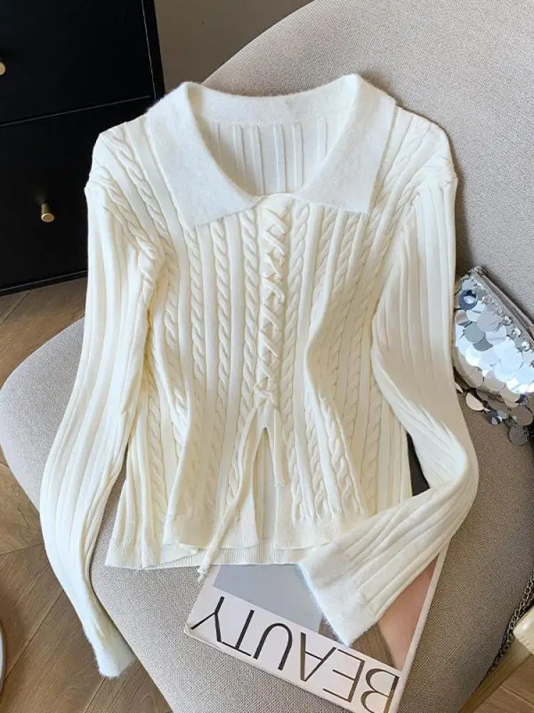 

French Women's Vintage Black Beige Grey Patchwork Long Sleeve Knitwear Sweater Autumn Winter Warm Vacation Pullover Tops Popular