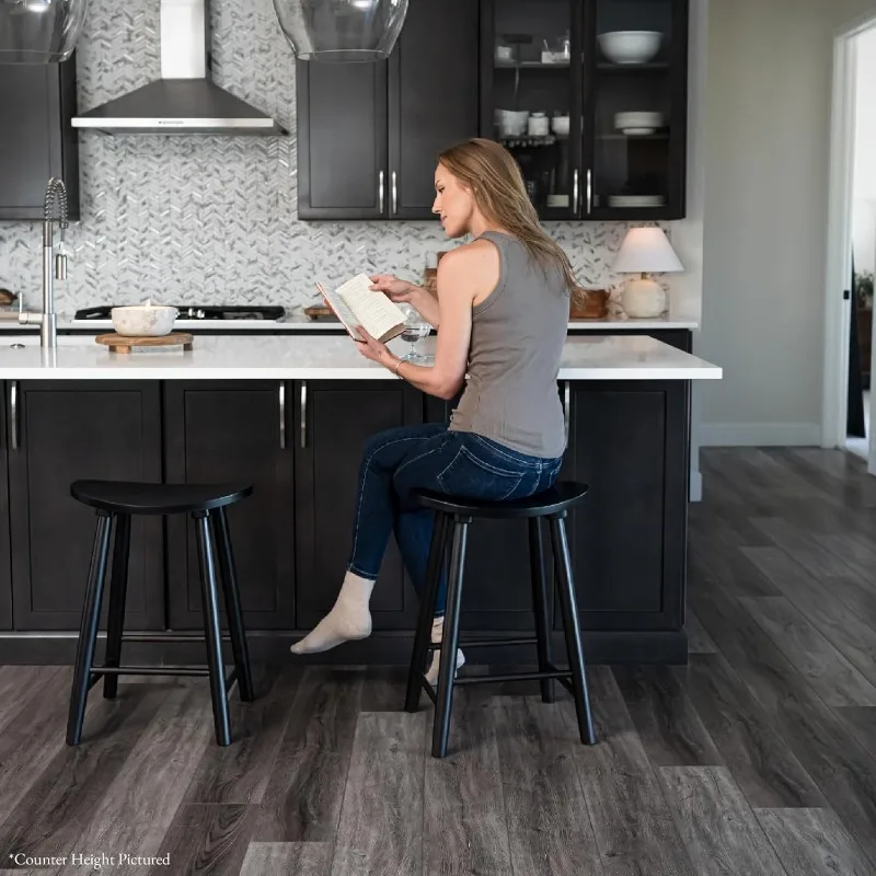 مقعد بار مقعد دائري مقاس 31 بوصة مع مسند للقدمين من الخشب الصلب الأسود بتصميم موفر للمساحة للحانات وبار الإفطار #2