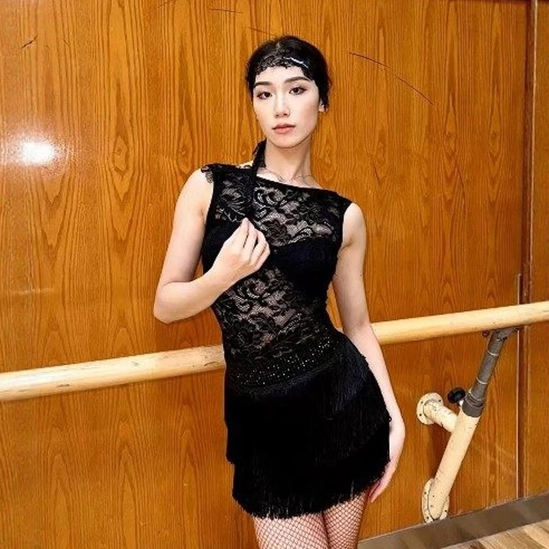 

Одежда для латинских танцев, женские сексуальные черные кружевные топы, юбки с кисточками и стразами для взрослых, костюм для танцев ча-ча-румбы, самбы