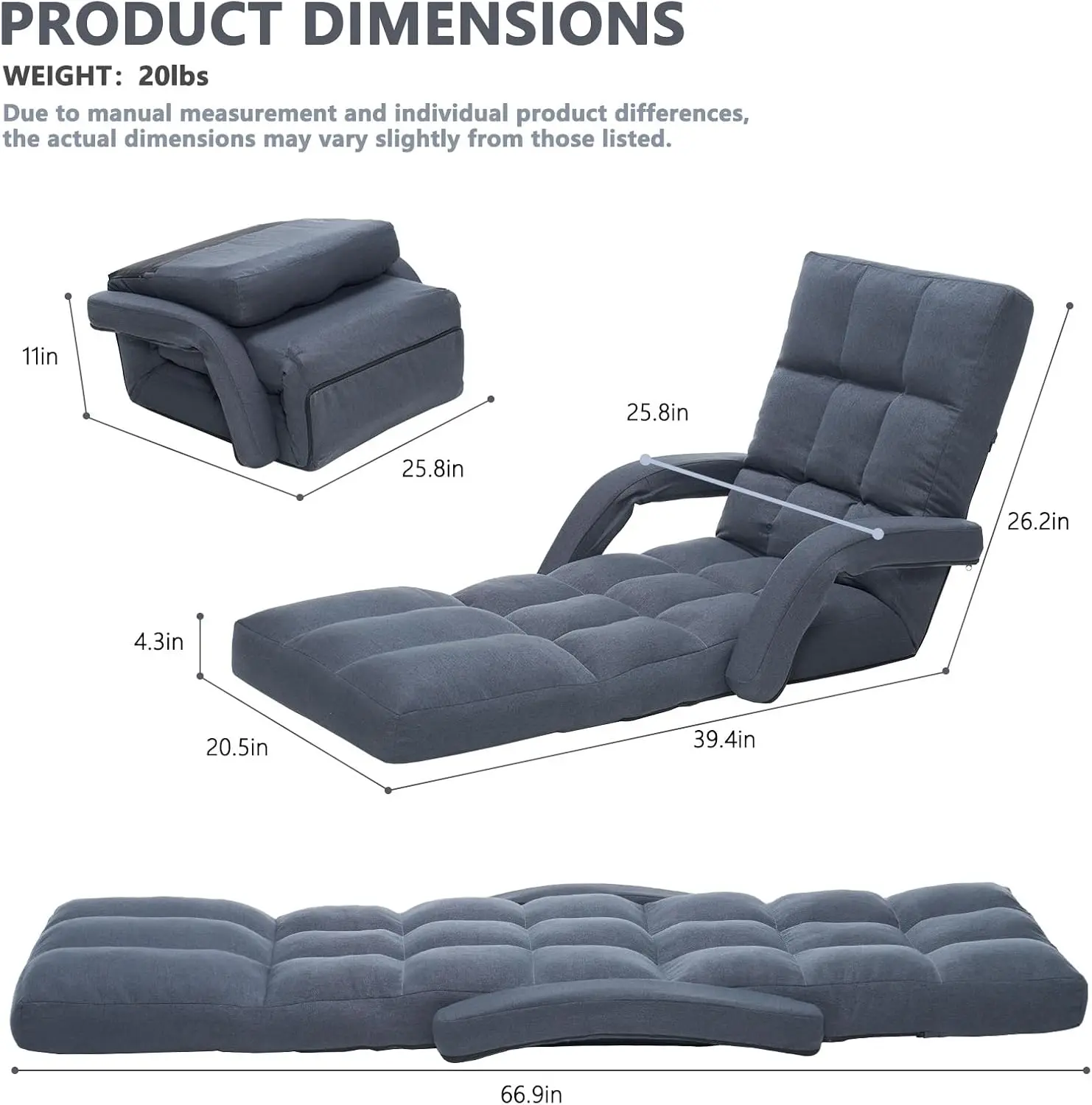 Adjustable Floor Gaming Chair for Adults with Armrests & Adjustable Footrest, 14-Position Folding Chaise Lounge Sofa, Customized