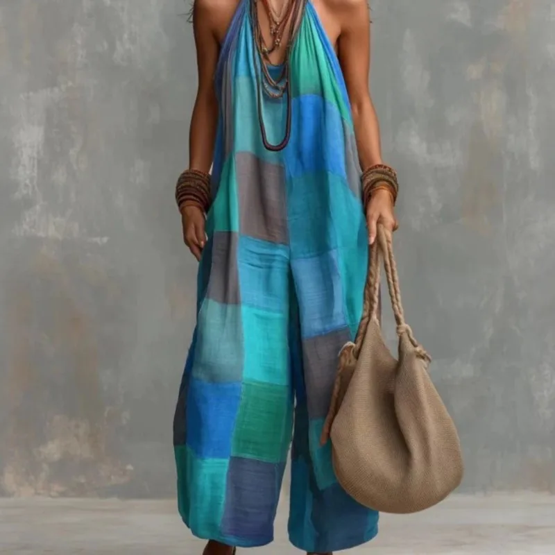 Women Jumpsuit Summer Sleeveless Wide Leg Pants Fall Plaid Print Loose Rompers Sexy Halter Hollow Boho Vacation Overalls Mujer