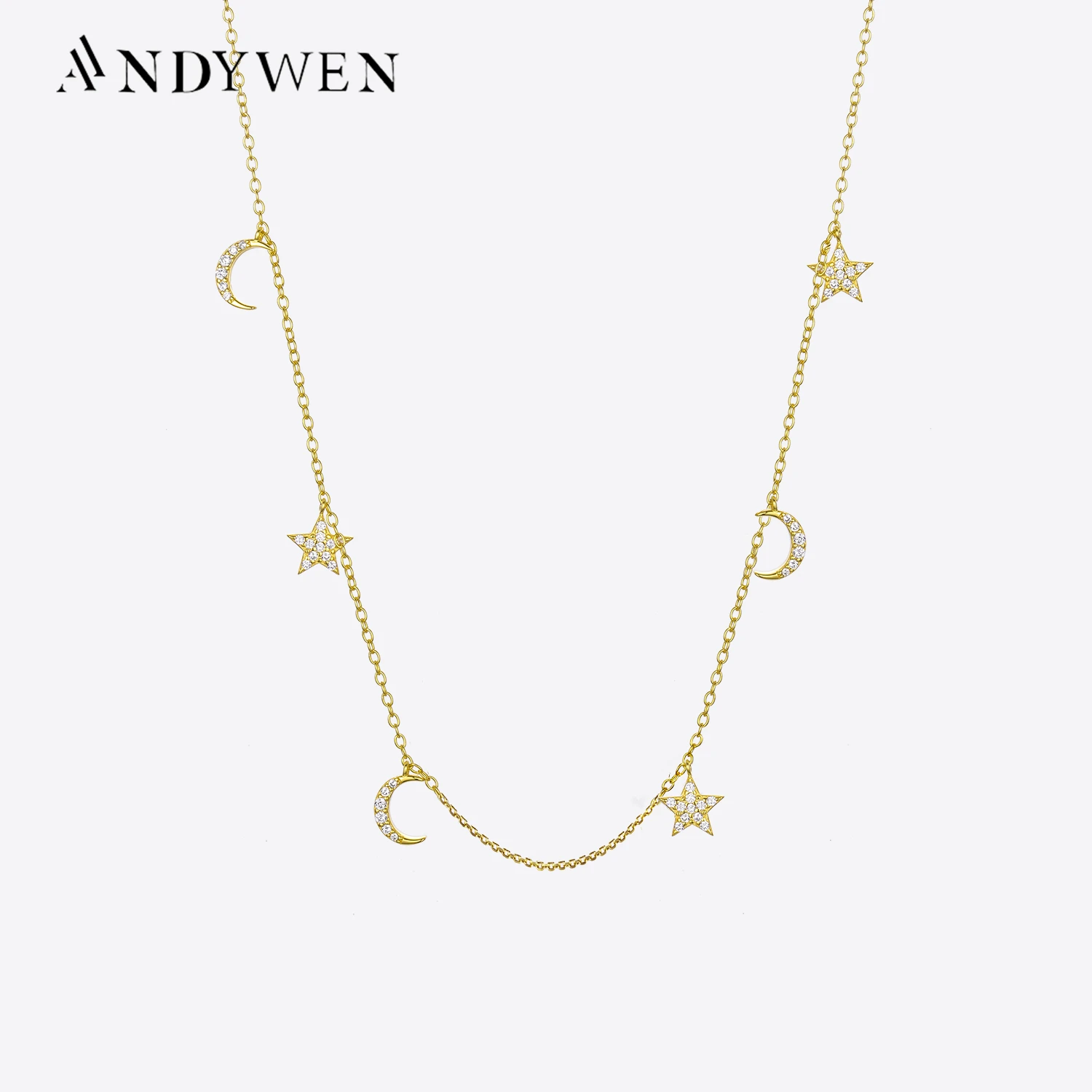 ANDYWEN 925 Sterling Silver Gold Star Moon Charm Pendant Choker Necklace Chains Women Luxury Crystal Fashion Fine Jewelry