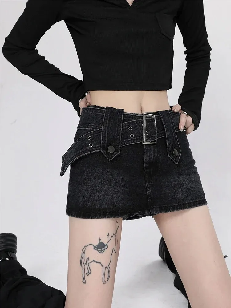 Mini jupe en jean taille haute avec ceinture pour femme, tenue gothique sombre, grunge punk, emo Alt, streetwear vintage, Harajuku, Y2K, 2024