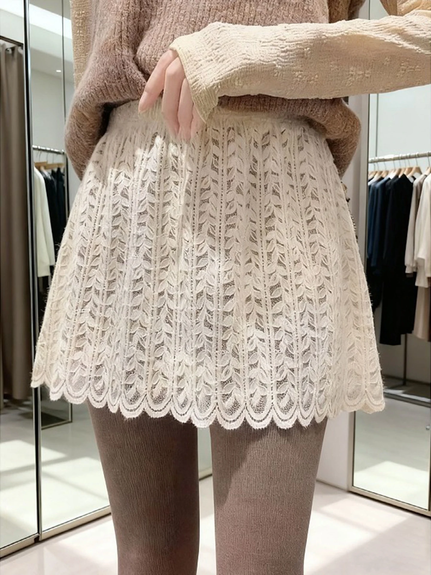 Elegant High Waist A-Line  Skirt Lace Layering Commute Friendly Slimming Hip Covering Spring New Style Korean Version