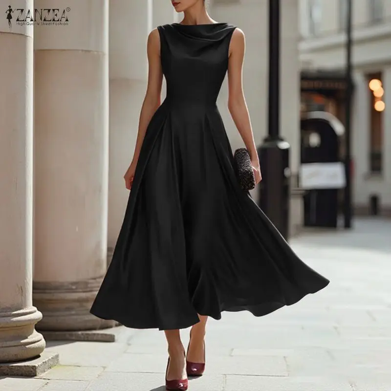 2026 ZANZEA Elegantes Swing-Neck-Partykleid Sommer Ärmelloses Büro-Arbeitskleid Stilvolles Damen-Satinkleid Einfarbiges A-Linien-Kleid