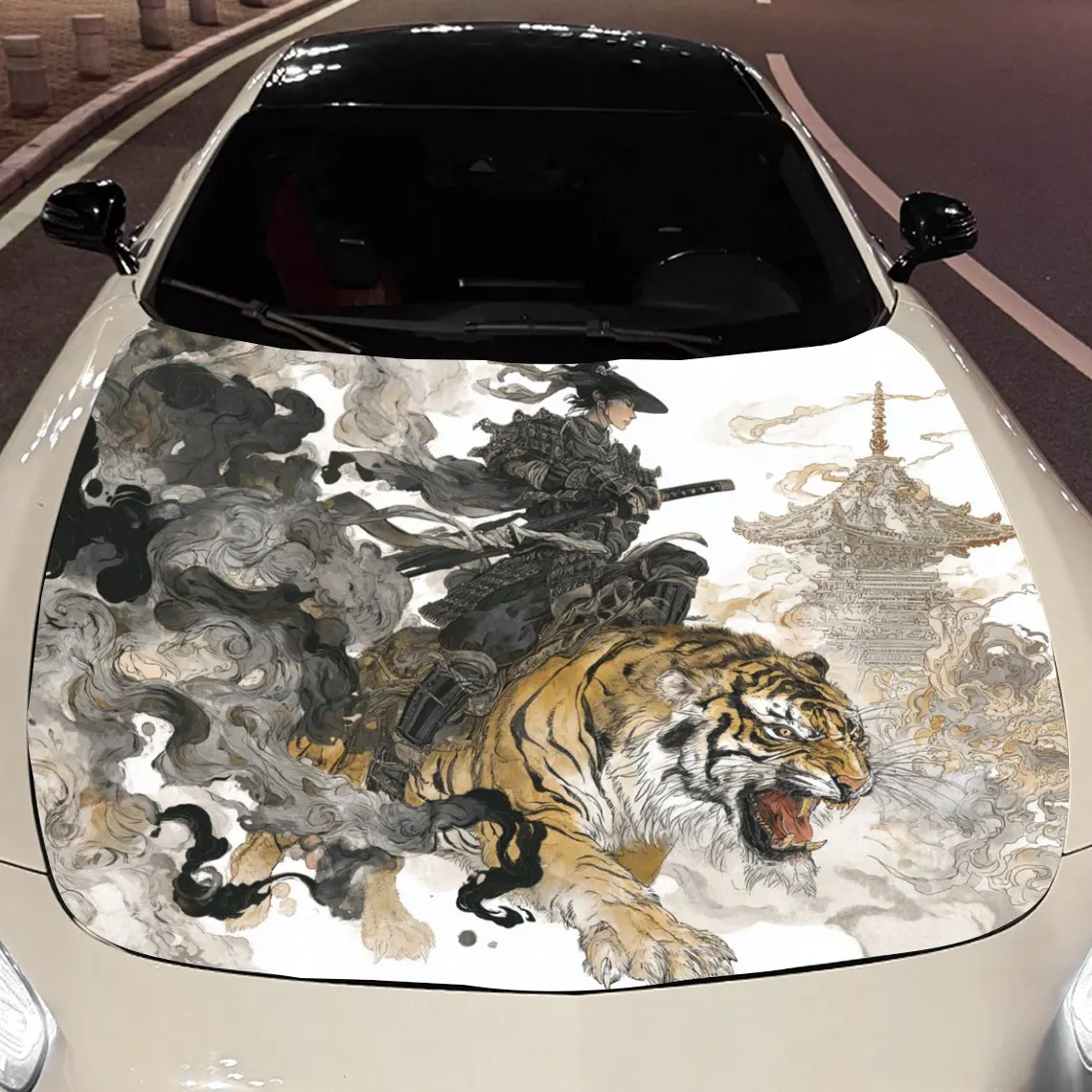 

Oriental Samurai Riding Tiger Picture Car Vinyl Wrap, PVC Material Waterproof Car Hood Sticker, Self-Adhesive Scratch-Resistant