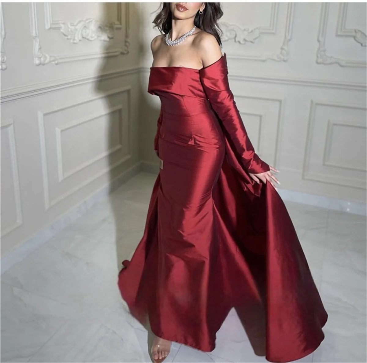 Burgundy Taffeta Mermaid Evening Dresses With Detachable Overskirt Strapless Long Sleeves Dubai Women Prom Gowns Vestido 2022