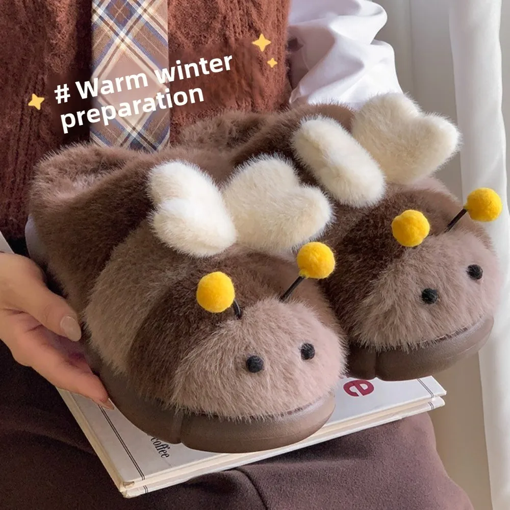 Kawaii ثلاثية الأبعاد ليتل النحل الكرتون النحل نعال قماش رقيق سميكة سوليد الدافئة نِعال من الفراء طالب الكرتون Y2K النحل النعال غرفة نوم