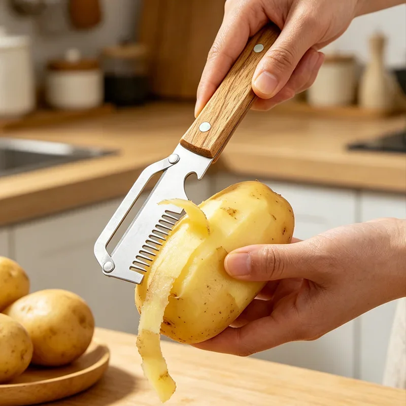 2-in-1 Serrated Peeling Knife Vegetable Fruits Peeler Grater Wooden Multi Functional Peeler with Bottle Opener Kitchen Tool