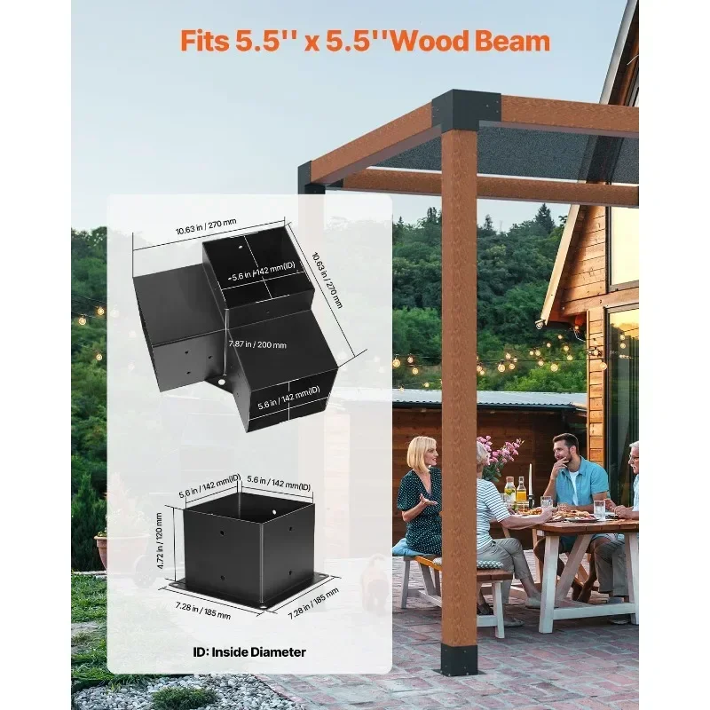5.5x5.5 Inch Gazebo Corner Connectors, 4-Piece 3-Way Carbon Steel Bracket Kit for Patio Pergola Log Cabin DIY Woodworking, Black Powder-Coated Thickened Base Structural Hardware Holiday Gift