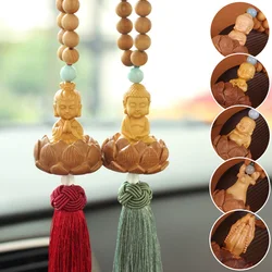 Chinese Style Wooden Carved Lotus Buddha Statue Car Pendant Creative Lucky Fortune Jewelry Decor Xmas Charming Car Accessories