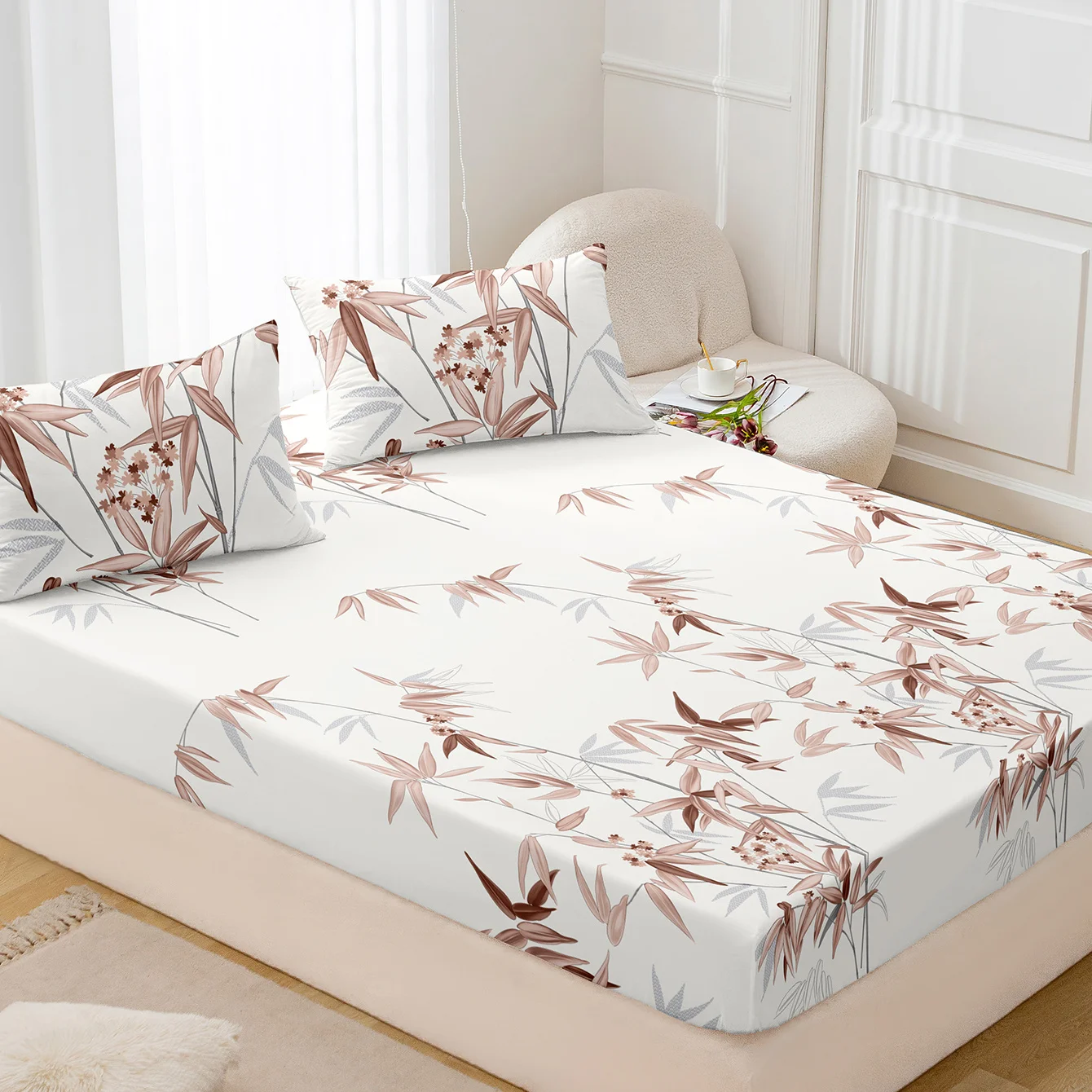 3pcs Soft & Breathable Plant Printed Fitted Sheet Set - Luxurious Bedding for a Comfortable Sleeping Experience in Bed Sheet Set