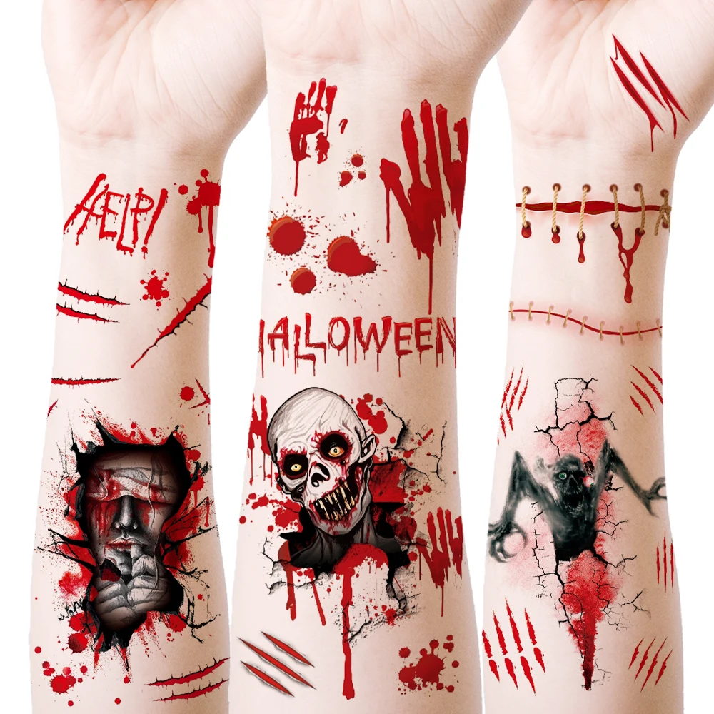 6pcs Halloween Waterproof Tattoo Stickers Skull Head And Eyes Suitable for Men And Women Hands Body Face Makeup Temporary Tattoo